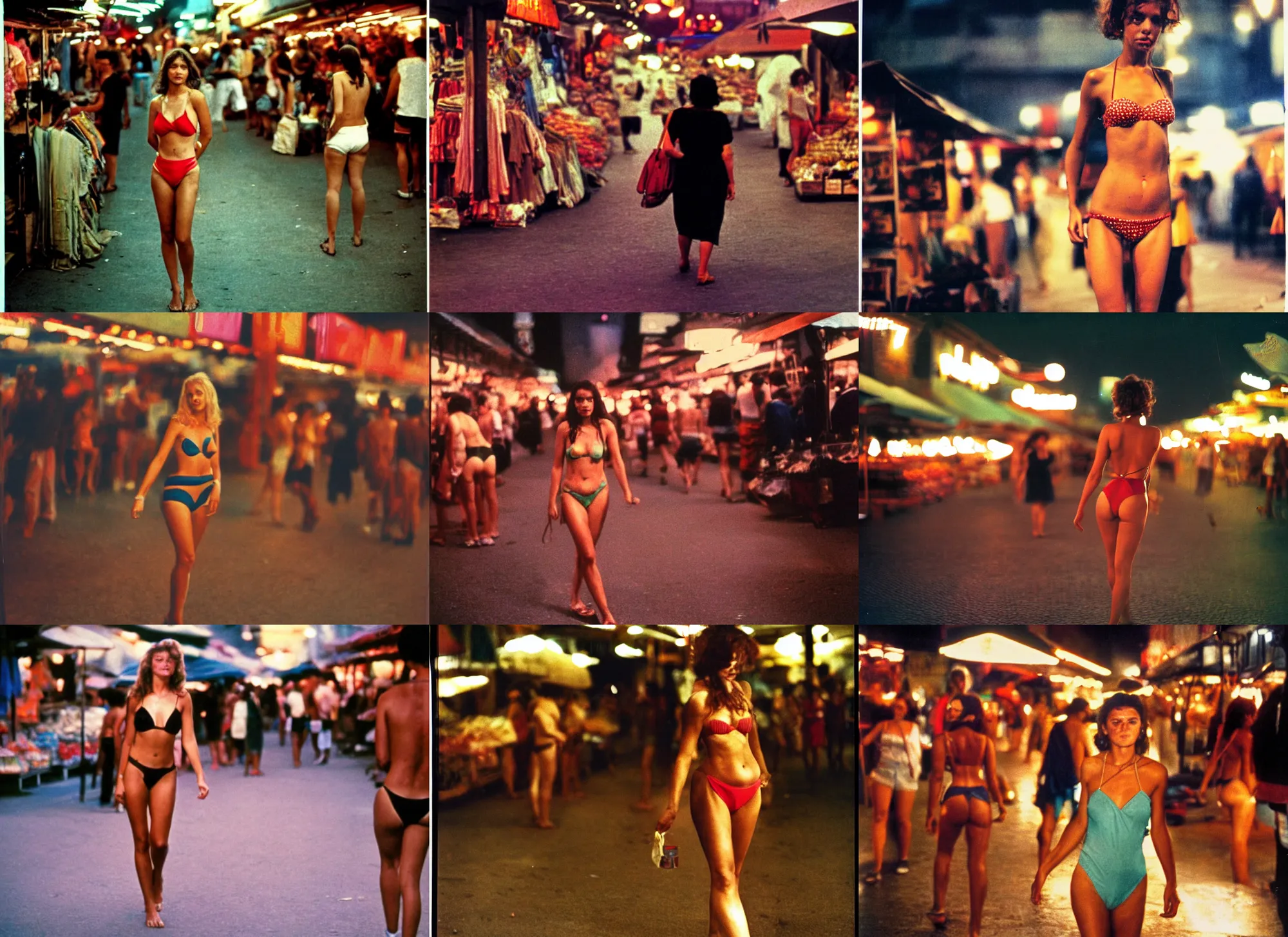 Prompt: color outdoor photograph portrait of a beautiful woman in bikini walking on the market district, many people, night, summer, dramatic lighting, 1 9 9 0 photo from live magazine.