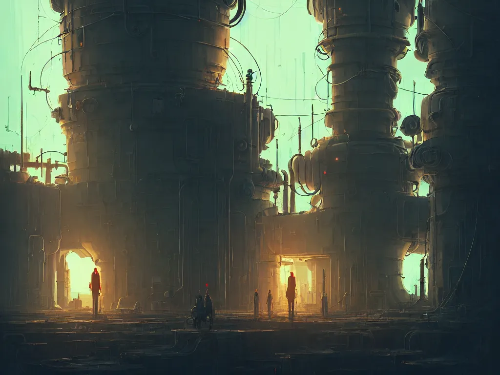 Image similar to creepy steampunk nuclear reactor, persons, by atey ghailan, ismail inceoglu, michal lisowski, artstation, volumetric light, high detail, reflection, ambient occlusion, perfect, dystopian, concept art, hdr, 4 k