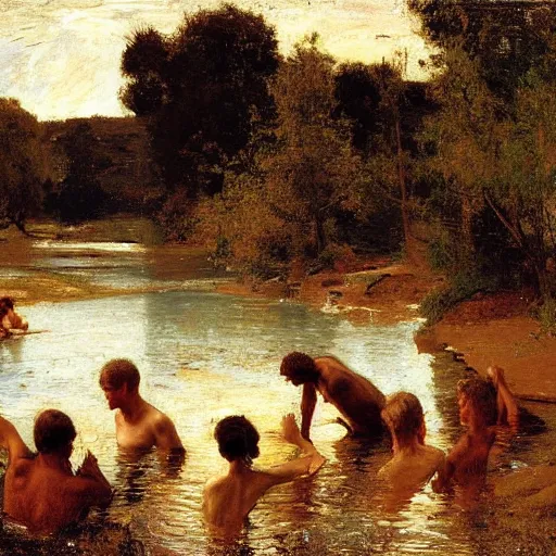 Image similar to oil painting by thomas eakins depicting a group of young men bathing at a swimming hole in rural england, 1 8 6 2, golden hour