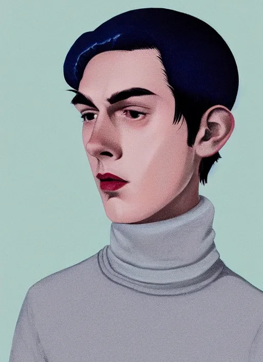 Image similar to portrait of teenage jughead jones wearing a light grey crown, crown, blue turtleneck, 1 9 5 0 s, closed eyes, photorealistic, black hair, glowing lighting, intricate, elegant, glowing lights, highly detailed, digital painting, artstation, concept art, smooth, sharp focus, illustration, art by wlop, mars ravelo and greg rutkowski