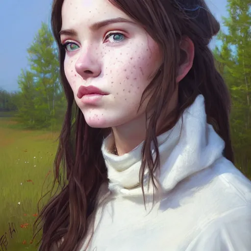 Image similar to Facial portrait of a pretty cottagecore girl, looking at the camera, slight awkward smile, lips slightly parted, some light freckles, no hands visible, extremely detailed painting by Greg Rutkowski and by Steve Henderson and by Harumi Hironaka