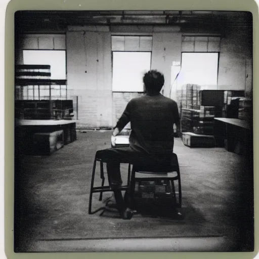 Image similar to a polaroid photo of man using a laptop inside in warehouse, he sitting on chair and small table, photo from behind