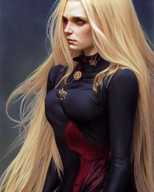 Image similar to portrait of a blonde vampire, dark, piercing eyes, gentle expression, elegant clothing, photorealistic, highly detailed, artstation, smooth, sharp focus, art by michael whelan, artgerm, greg rutkowski and alphonse mucha