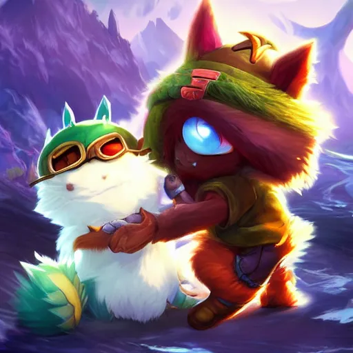 Image similar to league of legends teemo holds yuumi by her scruff, league of legends splash art