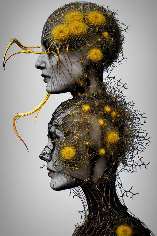 Prompt: intricate hyper detailed ultra sharp 3 d render of a witch profile portrait, 1 5 0 mm art nouveau, haute couture alexander mcqueen leaves stems dahlia transparent fractal dandelion yellow pistil filigree roots, intricate details, anatomical, flesh ornate, facial muscles, cable wires, elegant, hyper realistic, ultra detailed, octane render, volumetric cinematic lighting, 8 k post - production