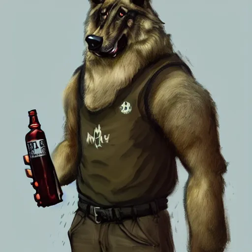 Image similar to a humanoid german shepherd beast - man in military style, holding a bottle of beer, artstation, concept art, smooth, sharp foccus ilustration, artstation