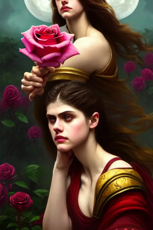 Image similar to photography alexandra daddario as a rose flower, dreamy, moonlight, deep focus, d & d, fantasy, complex, elegant, highly detailed, digital painting, artstation, concept art, matte, clear focus, illustration, hearthstone, artgerm art, greg rutkovsky and alphonse mucha