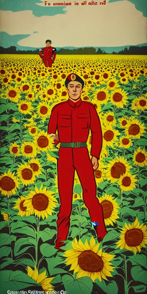 Image similar to Communist Propaganda Poster of a soldier in a sunflower field.