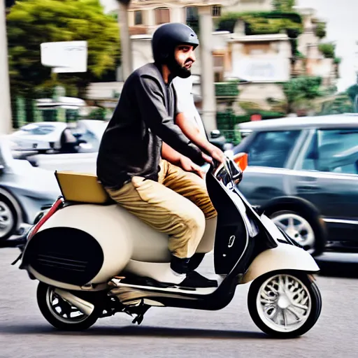 Prompt: a rich arab prince riding a vespa in heavy traffic