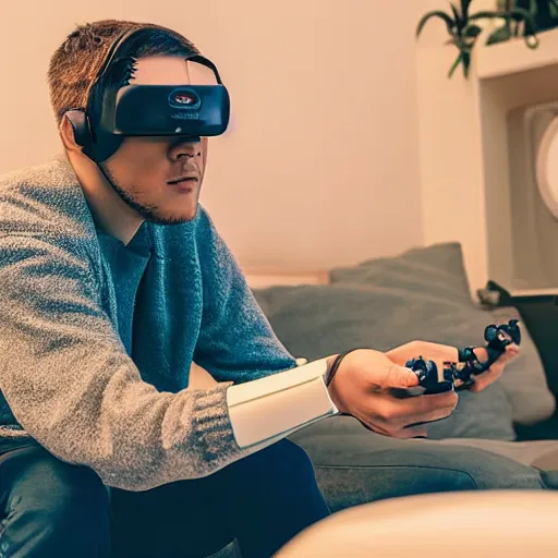 Prompt: a person playing video games in their apartment in the year 2 0 8 0