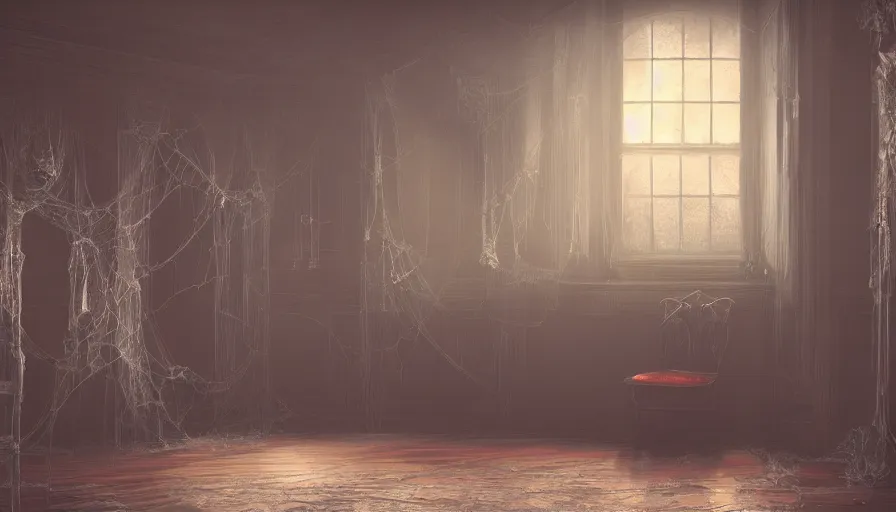 Prompt: Interior of an old Victorian house with cobwebs, spiders and dust, dark cold place, hyperdetailed, artstation, cgsociety, 8k