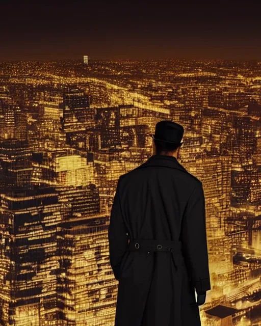 Prompt: a night rooftop scene, close up shot of a photorealistic gangster wearing a trench coat looking at the city below