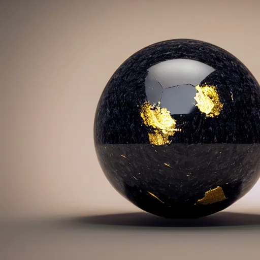 Prompt: a large ball of obsidian with veins of gold running through, on a table, octane render, photoshoot, highly detailed, 8 k, depth of field