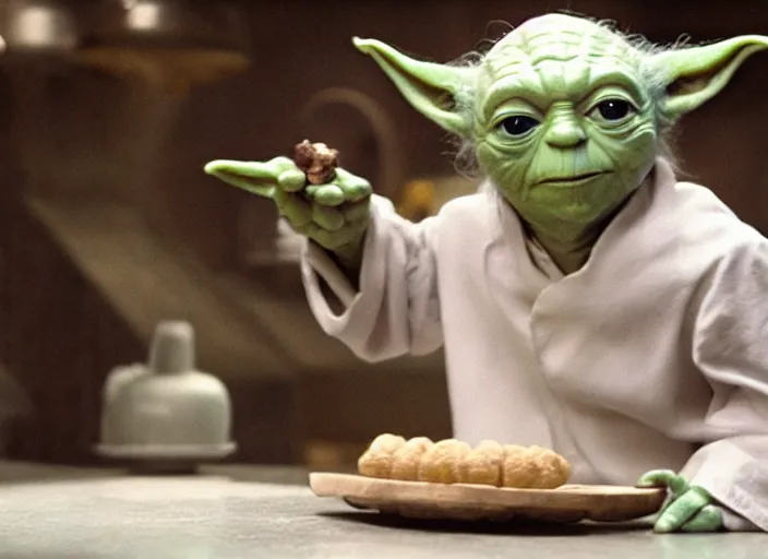 Prompt: film still of yoda working as a pastry chef in the new Star Wars movie, 4k