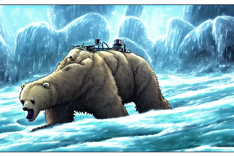 Image similar to cell shaded cartoon of a giant lovecraftian mechanized polar bear from howl's moving castle ( 2 0 0 4 ), wading through an icy river, full body, wide shot, very muted colors, post grunge, studio ghibli, highly detailed, deviantart, art by artgem