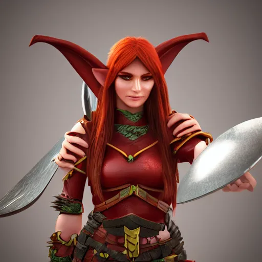 Image similar to beautiful redhead elf, warrior outfit, clash royal style characters, unreal engine 5, octane render, detailed, cinematografic, cinema 4 d