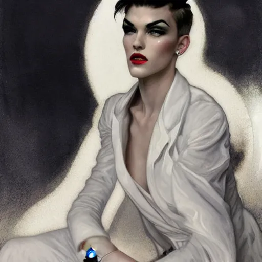 Image similar to beautiful portrait of androgynous ruby rose as desire from sandman in a white tuxedo!!!, rockabilly style, by alphonse mucha, cedric peyravernay, by jeremy mann, by frank moth, white suit and black tie, soft lightning, high detailed, 8 k