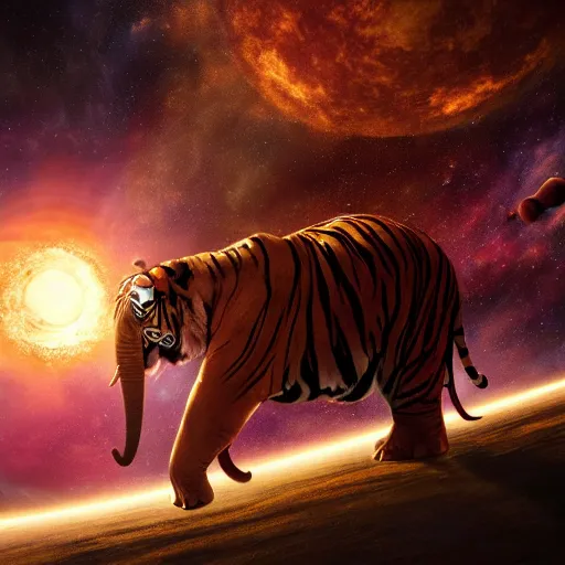 Image similar to planet - sized tiger elephant in space, next to the sun and stars, very wide shot, epic composition, hyper detailed, digital art, trending in artstation, cinematic lighting, studio quality, unreal engine 5 rendered, art style by klimt and nixeu and ian sprigger and wlop and krenz cushart