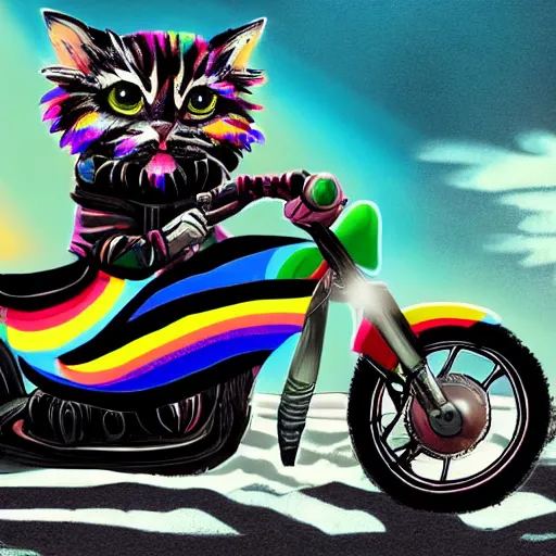 Image similar to wide angle full body, jacket wearing fluffy cute rainbow kitten wearing a black leather motorcycle jacket, riding on a motorcycle, cinematic concept art