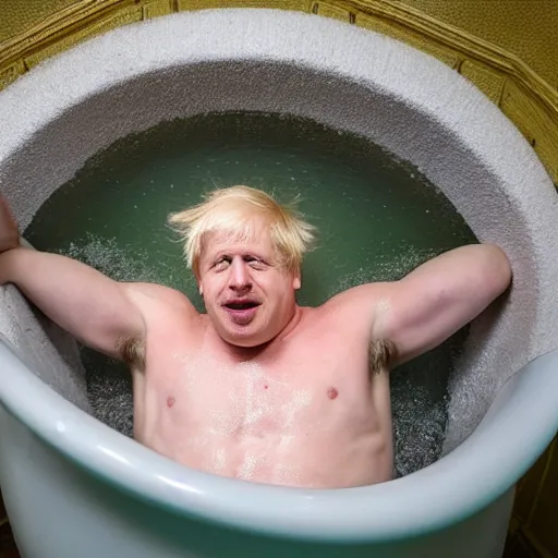 Prompt: boris johnson baving in a bathtub full of beans