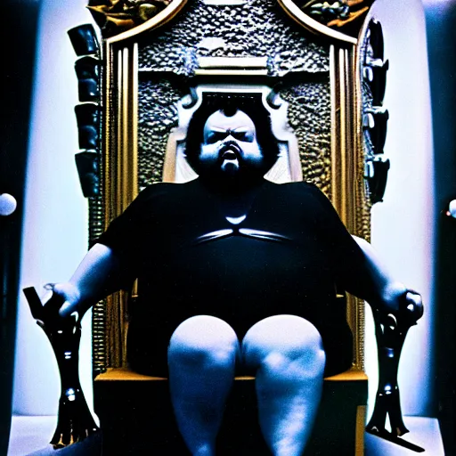 Prompt: chunky orson welles sitting on a dark throne, in an alien room by hans giger, film still from the movie by alejandro jodorowsky with cinematogrophy of christopher doyle and art direction by hans giger, anamorphic lens, kodakchrome, very detailed photo, 8 k