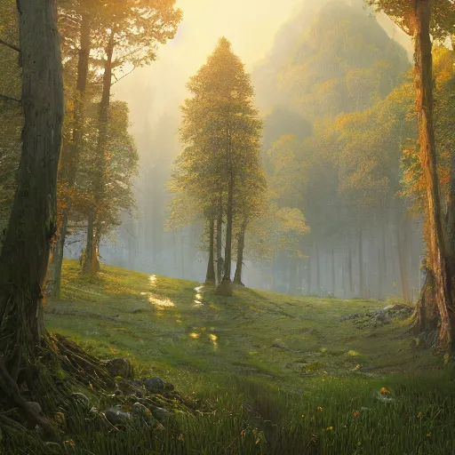 Image similar to landscape of trees, hills, au naturel, hyper detailed, digital art, trending in artstation, cinematic lighting, studio quality, smooth render, unreal engine 5 rendered, octane rendered, art style by klimt and nixeu and ian sprigger and wlop and krenz cushart