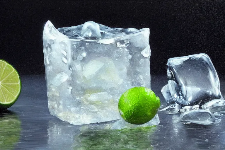 Prompt: award winning ultra - realistic!!! oil painting of an ice cube starting to melt in the forefront. it's surrounded by a lime wedge!!!! an empty bottle of tequila and fallen salt shaker. black!!! background