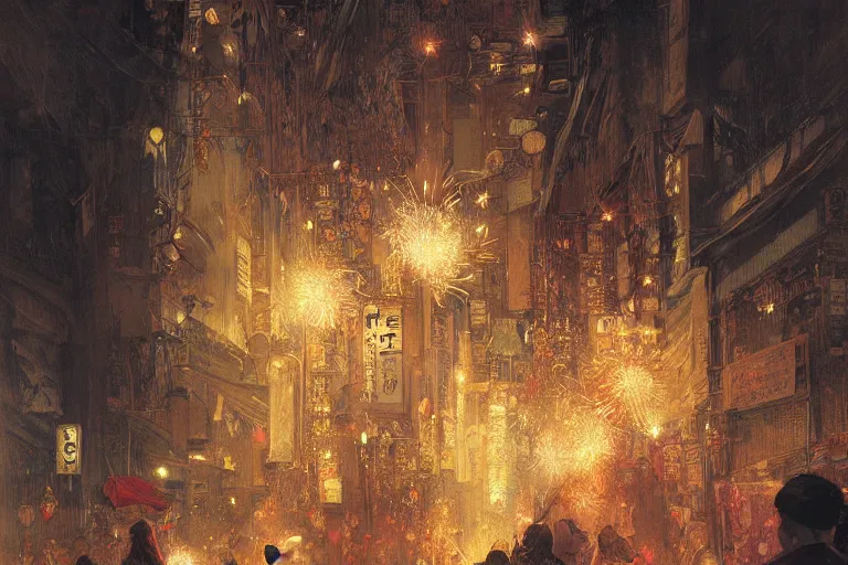 Image similar to a beautiful realistic painting of a firework festival on the streets of tokyo at night, intricate, elegant, highly detailed, digital painting, artstation, concept art, by krenzcushart, artem demura, alphonse mucha