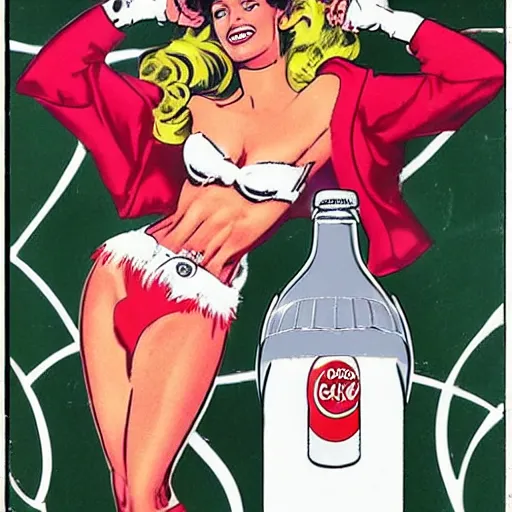 Image similar to a 1980s supermodel holding a coke bottle in her left hand about ready to take a sip, comicbook silver age style