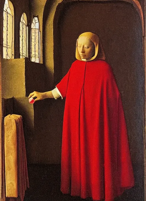 Image similar to red candle, medieval painting by jan van eyck, johannes vermeer, florence