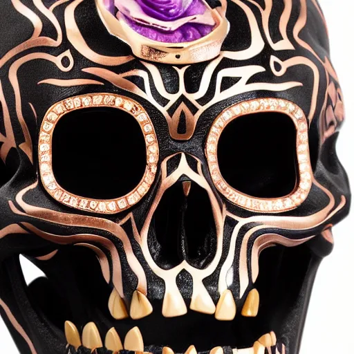 Prompt: opened mouth panther skull with gold teeth and gems inlaid skull, matte black, rose gold, amethyst, high coloration, ambient lightning, ultra wide lens, focused, highly detailed, 8 k