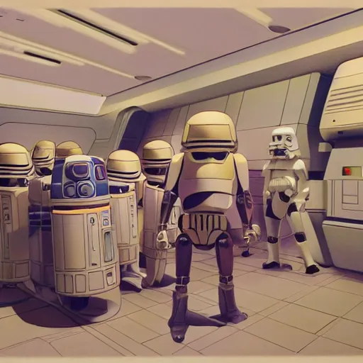 Image similar to ralph mcquarrie concept art of a futuristic mcdonalds. a space station is seen off in the distance with various droids and people walking in the foreground. a trooper is seen holding a brown mcdonalds bag.