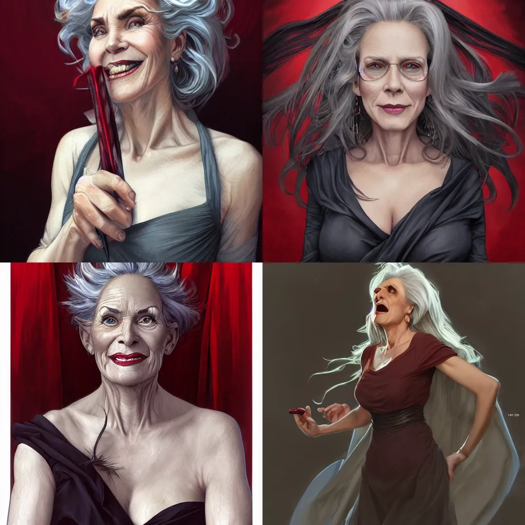 Prompt: attractive middle-aged witch, wide smile, foxy, sharp features, big grey hair, sleeveless red dress, highly detailed, digital painting, artstation, concept art, smooth, sharp focus, beautiful face, expressive eyes, illustration, art by Artgerm and greg rutkowski and alphonse mucha