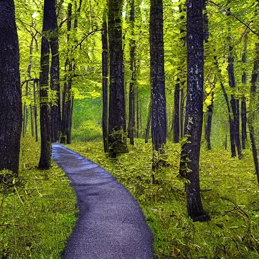 Image similar to Two roads diverged in a yellow wood,  And sorry I could not travel both  And be one traveler, long I stood  And looked down one as far as I could  To where it bent in the undergrowth, hyper realistic, 4k,