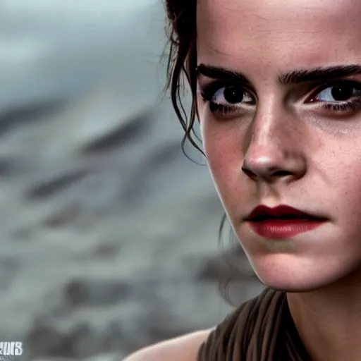 Image similar to Emma Watson modeling as Rey in Star Wars, (EOS 5DS R, ISO100, f/8, 1/125, 84mm, postprocessed, crisp face, facial features)