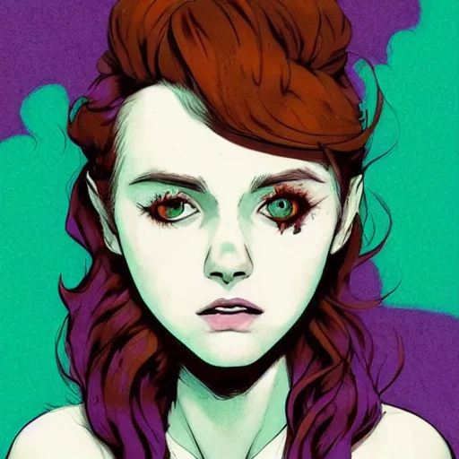 Image similar to Highly detailed portrait of pretty punk zombie young lady with, freckles and beautiful hair by Atey Ghailan, by Loish, by Bryan Lee O'Malley, by Cliff Chiang, inspired by image comics, inspired by graphic novel cover art, inspired by izombie !! Gradient purple and green color scheme ((grafitti tag brick wall background)), trending on artstation