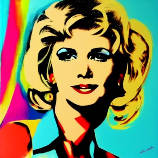 Image similar to olivia newton john from film grease artistic acrylic painting in the style of andy warhol