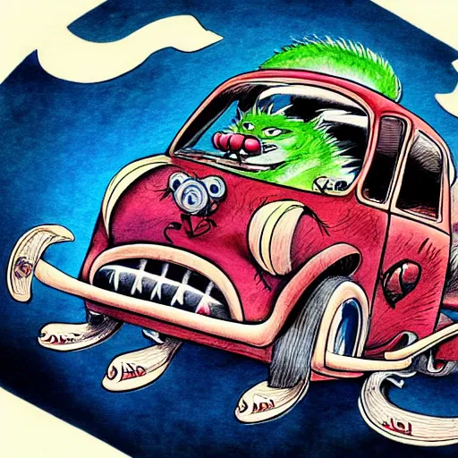 Image similar to ratfink style by ed roth, racoon riding in a tiny hot rod coupe with oversized engine, centered award winning watercolor pen illustration, by caroline choi, edited by range murata