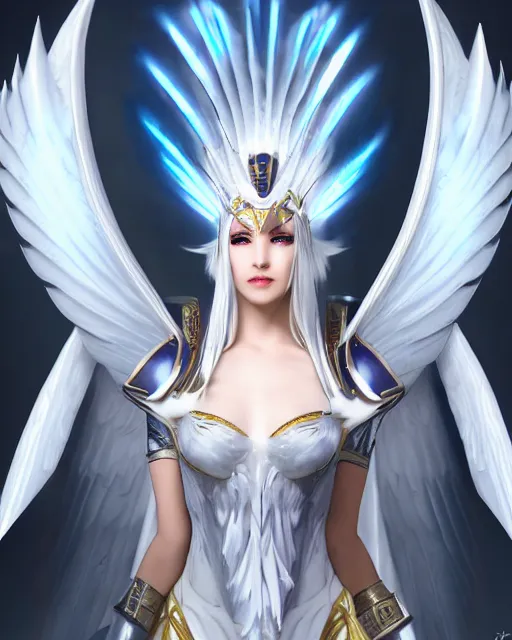 Image similar to perfect white haired egyptian goddess wearing white dove wings, warframe armor, regal, attractive, ornate, sultry, beautiful, ice queen, half asian, pretty face, blue eyes, detailed, scifi platform, 4 k, ultra realistic, epic lighting, android body, illuminated, cinematic, masterpiece, art by akihito tsukushi, voidstar