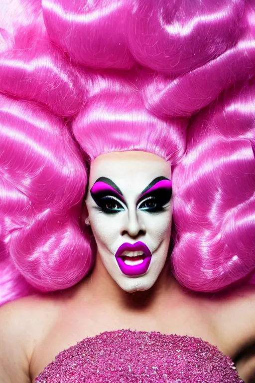 Prompt: 4k detailed portrait of a drag queen (man in drag with shocked surprised expression) wearing: heavy drag makeup, pink glitter mermaid gown, white satin gloves, huge pink wig with bouffant hairdo and decorated with a hairbow, pink 7 inch high heels