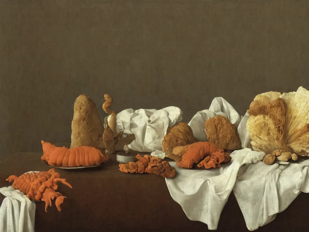 Image similar to Still life with corals, conch shell, white cloth, Buddha Ava statue, wilted flower, moldy bread. Painting by Hammershoi, Zurbaran, Morandi