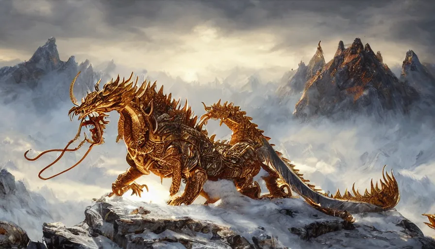 Prompt: golden dragon in a nordic landscape under bright daylight with fluffy clouds, set in the world of Guildwars2, painted by Hans Fredrik Gude, Greg Rutkowksi and Artgerm, concept art 2022, ultra realistic masterpiece, contrasting details vs blank areas, oil on canvas