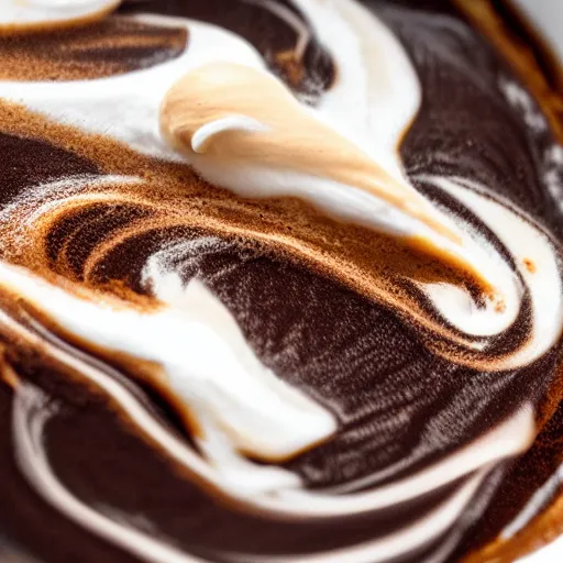 Image similar to close-up of nitro-cold-brew-coffee mixing with cream, perfect turbulence mixing cream-and-coffee, swirled, texture,