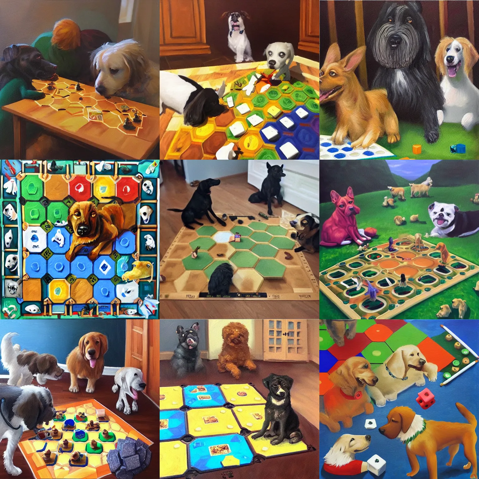 Prompt: “Dogs playing Settlers of Catan, oil painting”