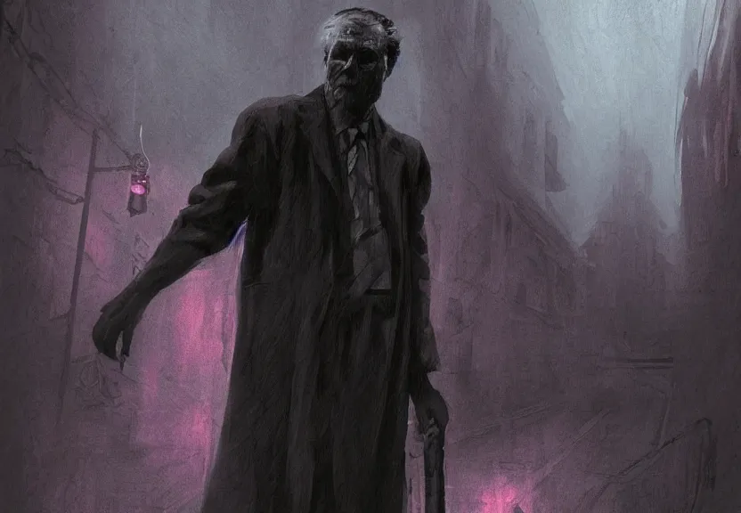 Image similar to painting of the figure of a man in a haunting scenery during the 1 9 8 0's, stephen king inspired, the it, high contrast, concept art, fully colored, purple filter, neon, dramatic lighting, digital art, 8 k, arkham city, call of cthulhu, extremely detailed, drawn by ruan jia