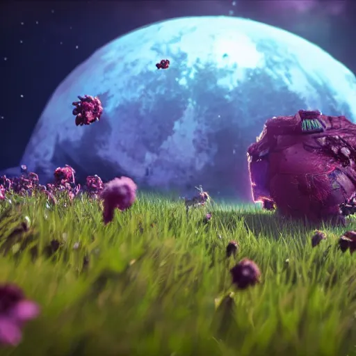 Image similar to corrupted sentinel enjoying picking up flower on infested planet, fantasy art, 4 k, photorealistic, volumetric cinematic, no man's sky