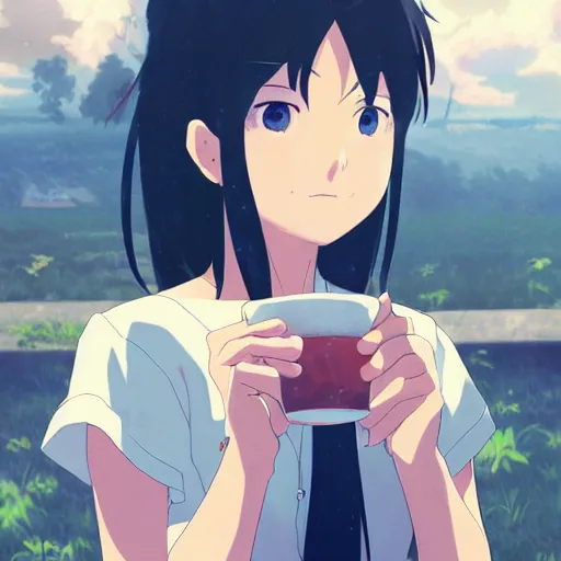 Prompt: beautiful closeup anime painting of a young woman with dark blue hair drinking tea, by makoto shinkai, kimi no na wa, artstation, atmospheric, high detail