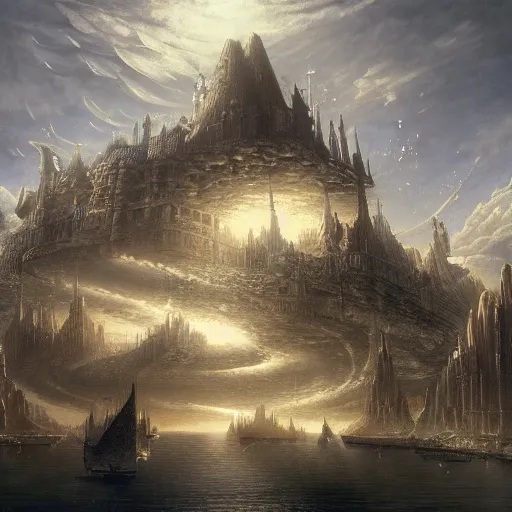 Image similar to enormous flying city in a faberge egg, sky, steampunk, fantasy art, masterpiece, hugh ferriss, unreal engine, peder balke, andreas achenbach cloudy background