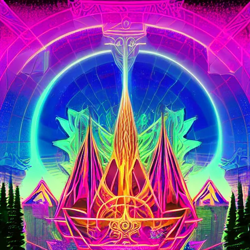 Image similar to mystical psychedelic poster with shaded lighting in the style of andriod jones, radiant light, detailed and complex environment, beautiful, peaceful, utopic astral city in the sky with many buildings and temples reflecting a modern city on the ground with old growth pine trees, overlaid sacred geometry, divine light, with implied lines, gradient of hot pink and neon baby blue