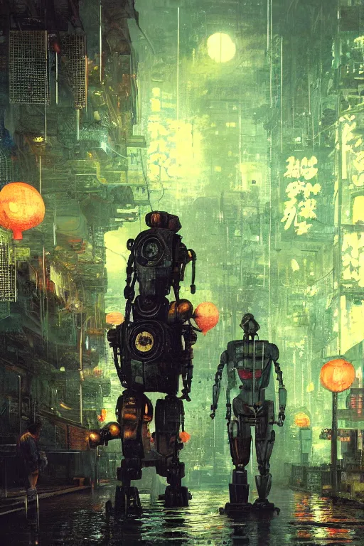 Image similar to vintage autochrome photo of ancient overgrown cyberpunk tokyo with robot by craig mullins, rutkowski, hiroshi yoshida, night, rain, flowers, beautifully lit, hyperdetailed, unreal engine, 3 d rendered, photorealistic, artstation, cgsociety